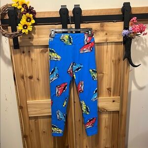 LuLaRoe Blue Leggings with Colorful Car Print